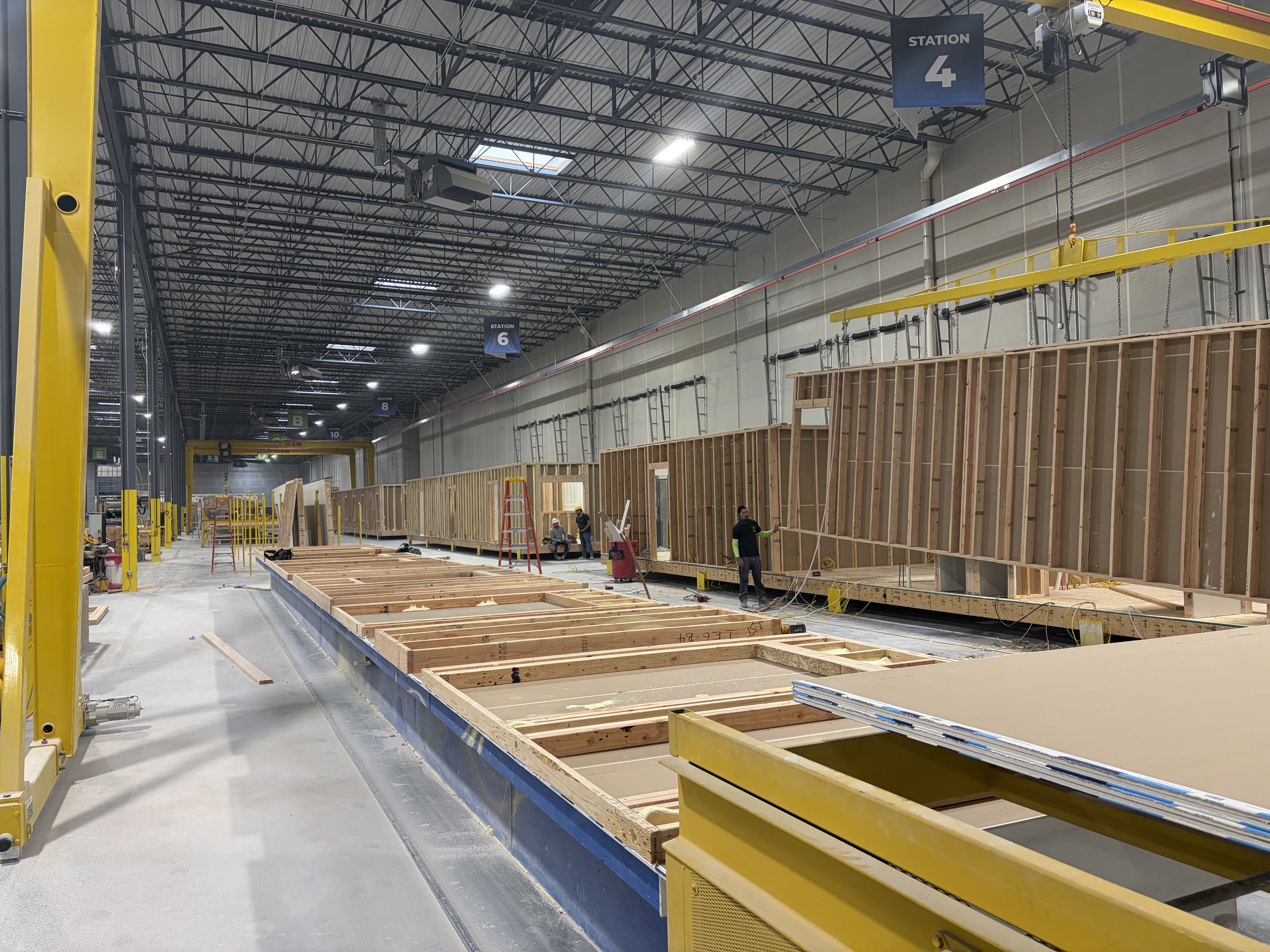 Vederra modular construction factory floor with framed housing modules in progress